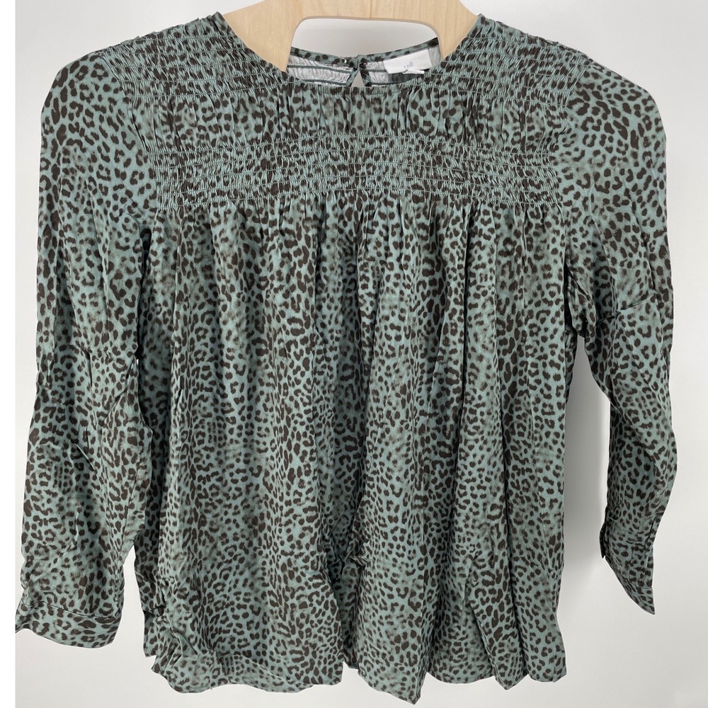 J. Jill Blouse Women Large Green Excellent Smocked Leopard Print 3/4 Sleeve